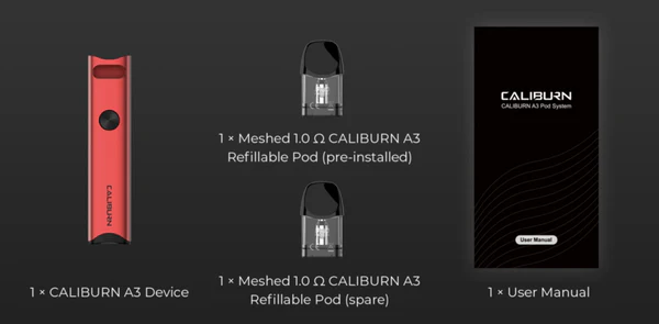 UWELL CALIBRUN A3 Pod Kit มาพร้อมกำลังไฟสูงสุด 13W มาพร้อมแบตเตอรี่ในตัวขนาด 520 mAh มีหัวพอตพร้อมคอยล์ขนาด 1.0 ohm แถมมาให้อีกหนึ่งหัวในกล่อง มีความจุ 2ml ให้ฟีลสูบ MTL (Mouth to Lung) ตามแบบฉบับของ คาริเบิน A3