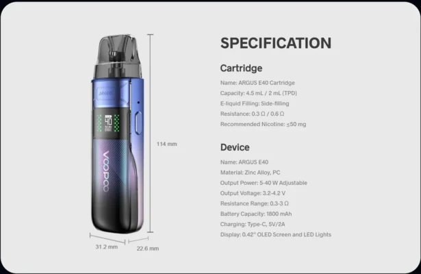 Voopoo Argus E40 Pod Kit พอตบุหรี่ไฟฟ้ารุ่นใหม่ล่าสุด จากแบรนด์ Voopoo กับซีรีส์ Argus รุ่นรหัสใหม่ E40 ครอบคลุมการใช้งานได้ดีทั้งในการใช้งานกับน้ำยาบุหรี่ไฟฟ้าแบบSalt nic และ Free base ใช้งานง่ายไม่ซับซ้อน ดีไซน์สวย ปรับกำลังไฟได้ถึง 5 - 40w พร้อมแบตเตอรี่ในตัวให้มามากถึง 1800mAh